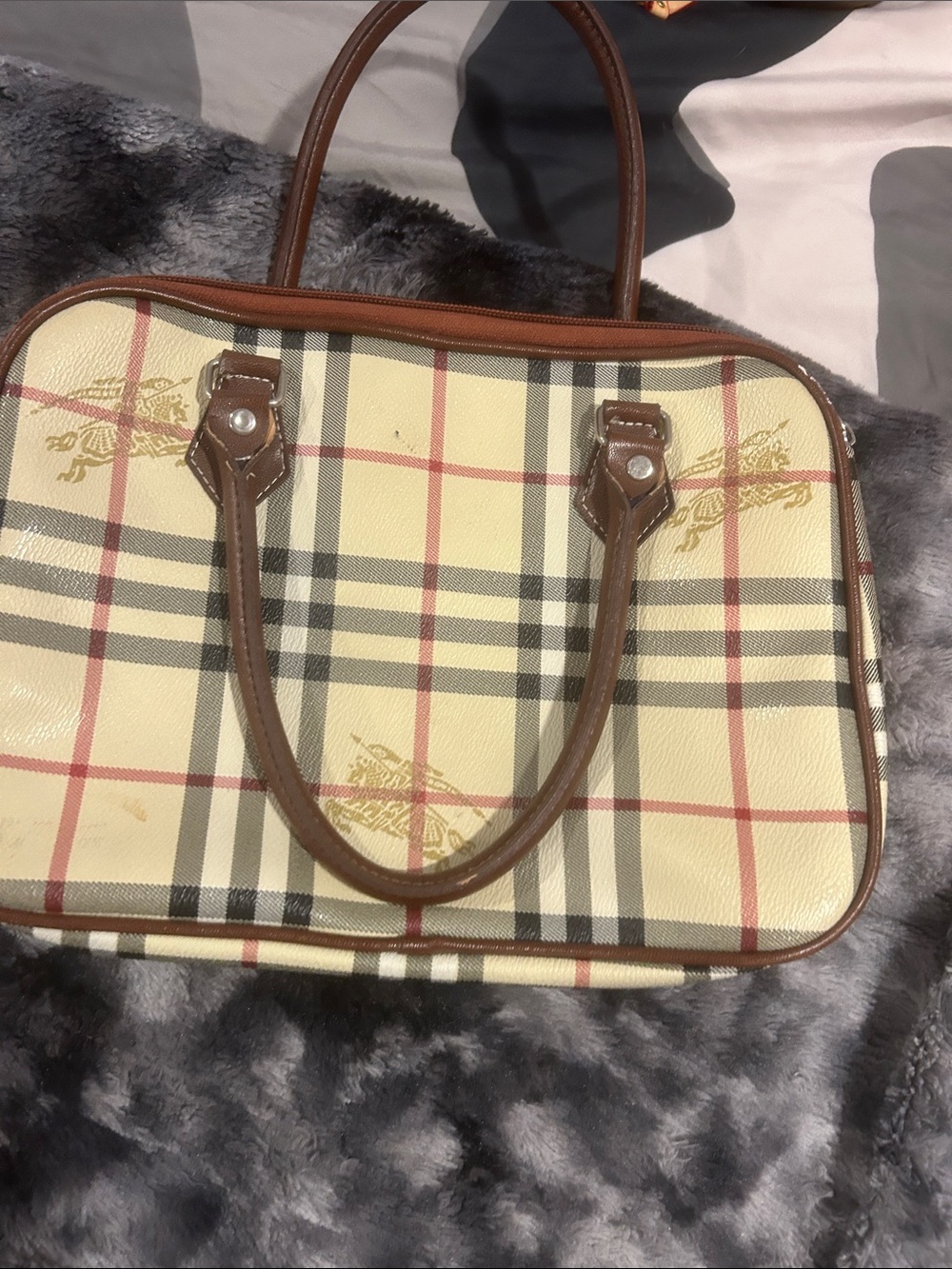 Classic Beige Plaid Handbag with Brown Trim